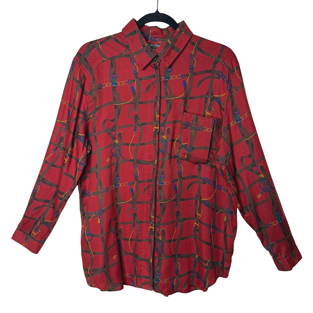 Vtg Alexander Campbell Baroque Equestrian Scarf Print Shirt Blouse Red Size 14‎